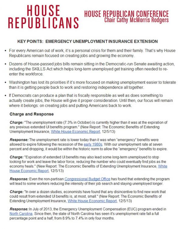 House Republican leaders sent a memo this week to the entire GOP conference with talking points designed to help rank-and-file Republicans show compassion for the unemployed and explain the Republican position on unemployment benefits.