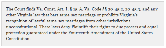 Federal Judge Strikes Down Virginia Gay Marriage Ban