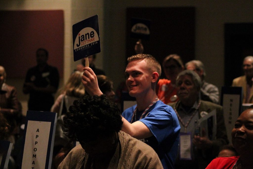 Dustin Cone, MCDC's youngest delegate, cheers Dittmar's nomination
